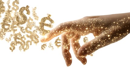 Fototapeta premium Hand Reaching Towards Flowing Golden Currency Symbols Symbolizing Wealth and Abundance.