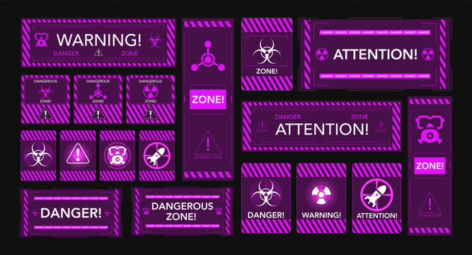 Glowing cyberpunk warning interface with radiation and biohazard symbols. Futuristic danger zone alert panel, neon technology dashboard design.