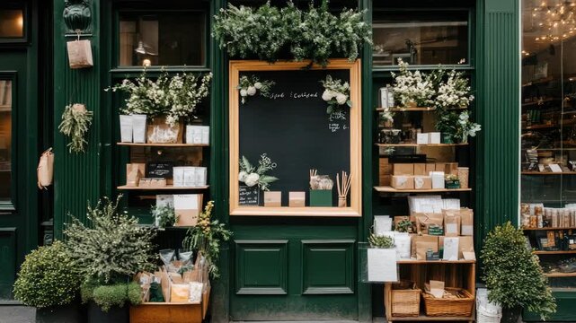 A shopfront showcases plants and handmade goods. The display features wooden crates and plants that invite customers to explore