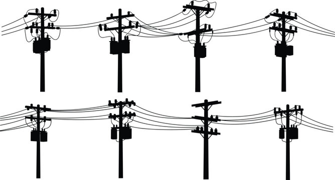 Set of black silhouettes of electric utility poles with power line transformers and overhead distribution wires isolated on white background
