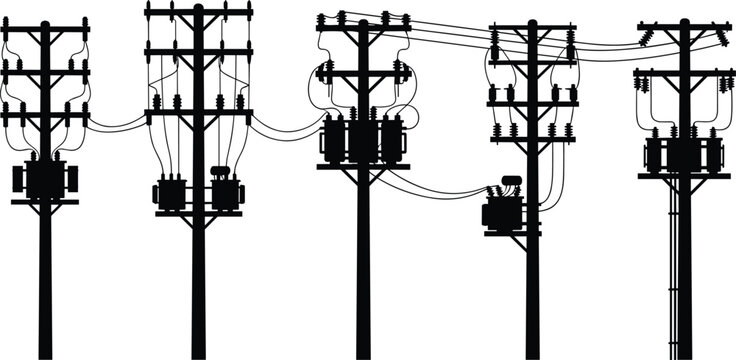 Black silhouette set of electric utility poles with power line transformers and overhead cables isolated on white background for industrial industry