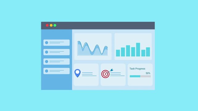 Animated data analytics dashboard interface with charts, graphs, location pin, and target indicator. Flat vector motion design representing tracking, monitoring, and digital business analytics panel.