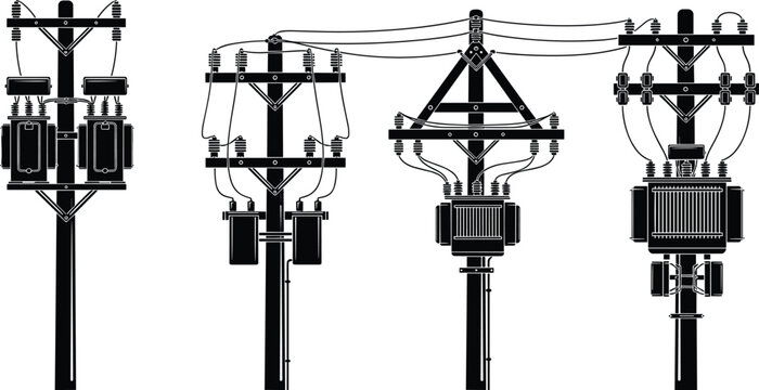 Black silhouette set of electric utility poles with power line transformers and overhead distribution wires isolated on white background for industry