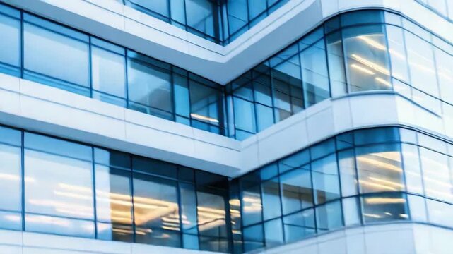 Focus on the exterior of a contemporary building featuring large glass windows with sharp angles in bright daylight