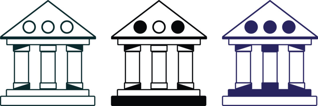 Three stylized illustrations of ancient greek or roman columns with triangular pediments