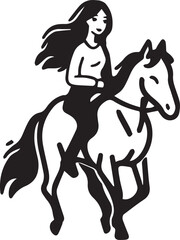 Hand Drawn Woman Riding a Horse Black and White Avatar Illustration in Minimal Line Art Style Design
