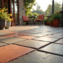 Fototapeta premium Patterned patio tiles in red gray beige show outdoor seating area with potted plants. Sunlight warms paved surface near modern house exterior, garden landscaping.