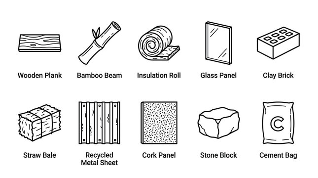 A clean vector illustration showcases ten essential construction materials including wood, bamboo, insulation, glass, brick, straw, metal, cork, stone, and cement against a white background.