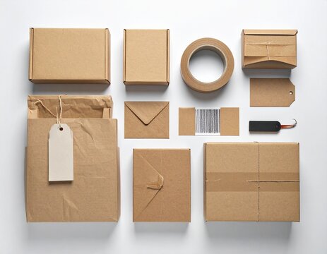 Cardboard packaging mockup set with boxes labels and shipping supplies