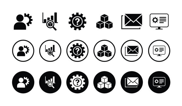 Professional system management icons: user settings, data audit, help gear, block logistics, and email alerts. Minimalist black and white vector graphics for software and supply chain apps.
