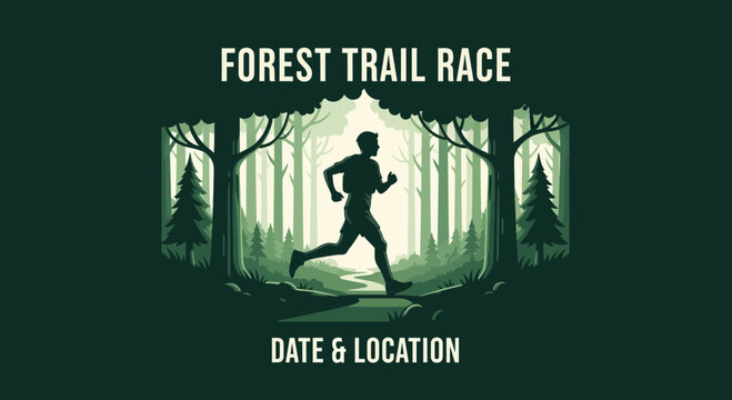 Forest Trail Running Race Event Illustration, Silhouette Runner, Eco Friendly Sport, Green Tone