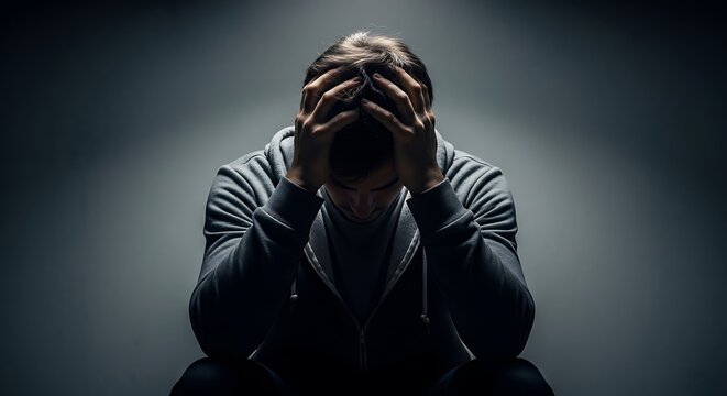 A man sits hunched over with his hands clasped on his head, illuminated by dramatic lighting, conveying a sense of despair or deep thought.