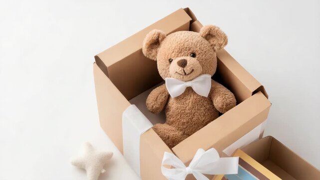 A teddy bear sits in a gift box on a table with soft stars placed around. The setting shows warmth and joy in a simple arrangement