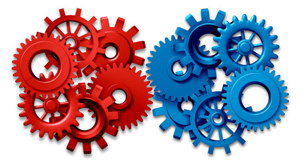 Business team collaboration as a coordinated effort of two united groups one blue one red as a team of gears and cogs working together sharing ideas and responsibilities to achieve common organization