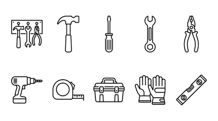 Fototapeta premium A collection of black and white line art icons depicting various tools like a hammer, screwdriver, wrench, pliers, drill, tape measure, toolbox, gloves, and level.