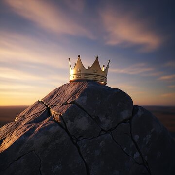 Golden crown on rocky mountain peak at sunset, leadership achievement concept, king royalty symbol, success power metaphor for business victory authority excellence achievement content marketing graph