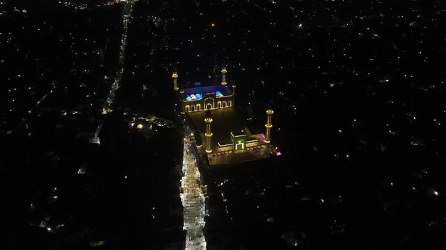 Drone Shot of Illuminated Sadi Jammia Mosque and Shahi Bazaar, Ramadan Night in Bahawalpur - 4K Video