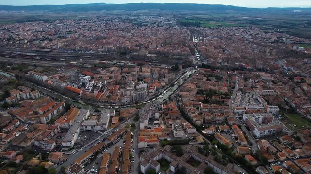 Aerial view beside the old town of the city Narbonne in France on a sunny day in early spring
