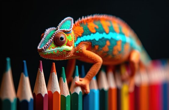 Vibrant chameleon climbs colorful pencils, its scales a mosaic of orange, green, and blue. Reptile eye stares intently, blending with artist supplies. Unique creature among art tools.