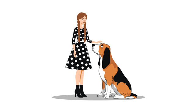 Young woman in a stylish black and white polka dot dress gently petting her loyal beagle dog while standing together.