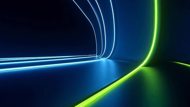 Neon light tunnel with blue and green lines