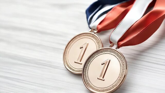 Medals are shown on a table with orange and blue ribbons. The medals display the number one and have a simple design