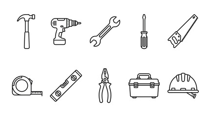 Obraz premium A collection of black line art icons depicting various construction tools on a white background, suitable for design projects.