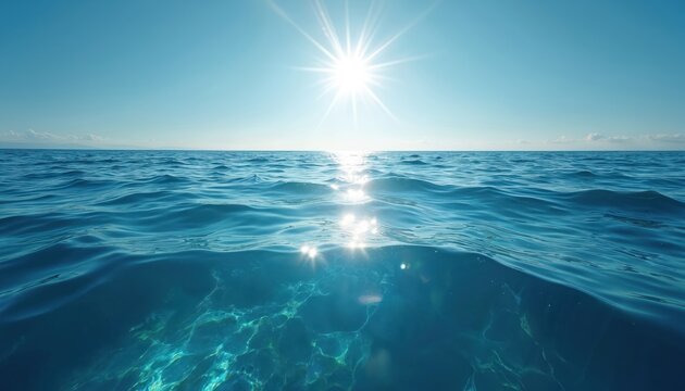 Bright sun shines on calm blue ocean waves. Clear sky above reflects light on rippling water surface. Underwater light patterns visible in deep aqua sea.