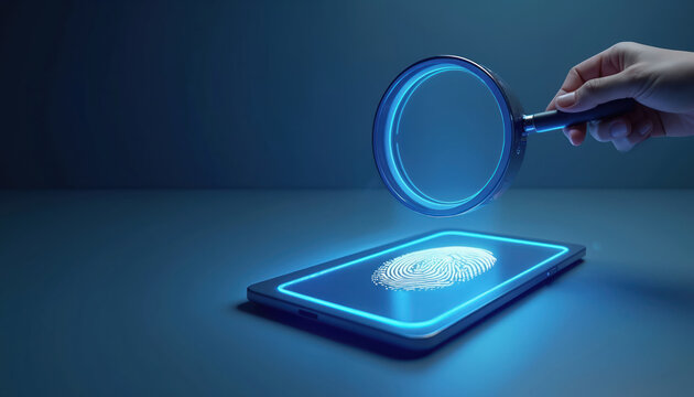 Hand holds magnifying glass over digital tablet displaying fingerprint. Futuristic tech scans biometric data. Security and investigation concept. Digital future.