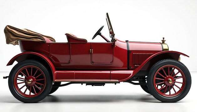 Vintage red automobile from early 1900s isolated on white background. Classic car with convertible top open, spoked wheels and brass details. Historical vehicle design, retro auto.
