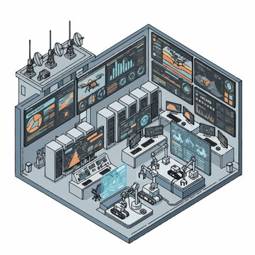 Isometric illustration of a high-tech military command center with multiple screens and robotic systems.