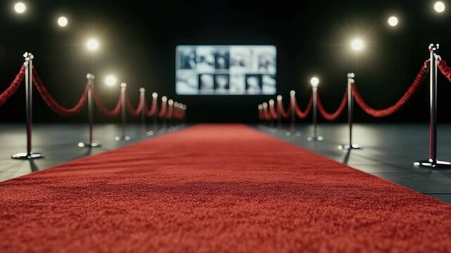 Guests and stars walk on the red carpet at an event location with many bright lights and a lively setting filled with excitement