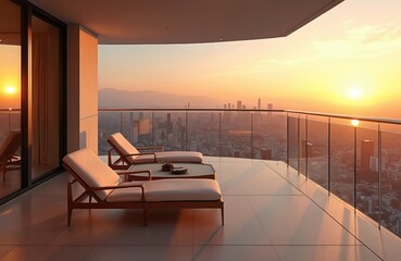 Fototapeta premium Modern high rise apartment balcony with city view at sunset. Two lounge chairs and coffee table on sunlit terrace. Elegant interior and spacious balcony.