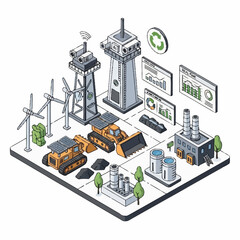 Fototapeta premium Isometric illustration of a smart factory with renewable energy and heavy machinery.