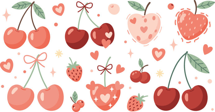 Cute cherries and strawberries with hearts romantic fruit collection sweet love theme colorful flat vector illustration