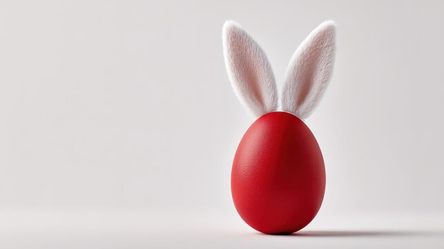 Red egg with white rabbit ears on white 