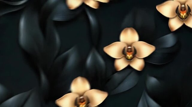 Different views show close details of gold orchids on dark leaves, highlighting the natural beauty and design found in flowers