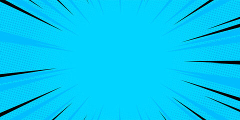 Fototapeta premium Cyan Blue Comic Book Background with Black Speed Lines and Halftone. Abstract Pop Art Vector Illustration for Action Scene, Superhero Concept, Bright Sales Banner, and Dynamic Motion Design Backdrop.