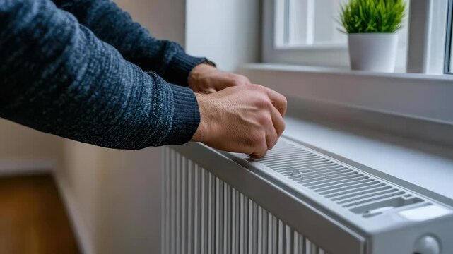 Hands work on a heater to remove dust and dirt. The task shows the importance of proper maintenance for better heating