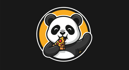 Cartoon panda eating pizza on a black background © Gulung