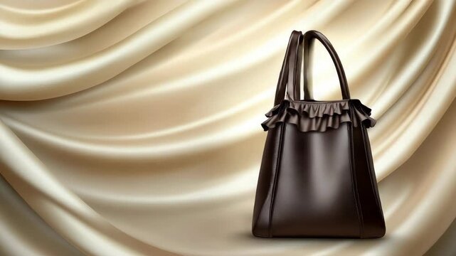 A brown handbag with fringe is highlighted from various angles against a soft fabric backdrop. The design catches the light well