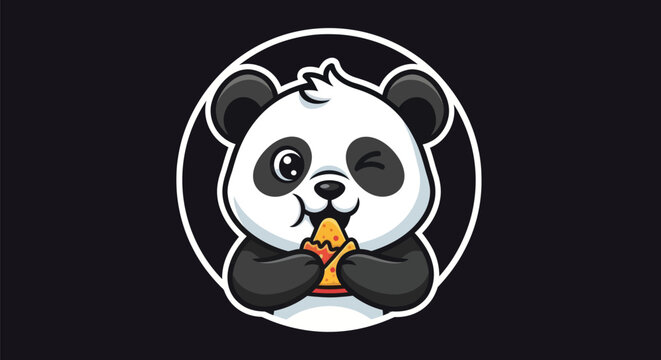 Cartoon panda eating pizza on black background