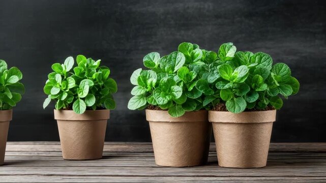 Plants in brown pots sit on a wooden table showing different sizes and a neat arrangement of greenery