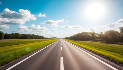 Fototapeta premium A long straight road stretches into the distance on a sunny day with green fields on both sides under a blue sky.