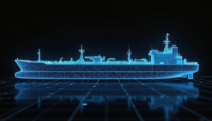 Fototapeta premium Futuristic ship blueprint glows blue as a neon hologram. Wireframe vessel floats on digital grid, projecting advanced transport tech. Future logistics and global trade concept.