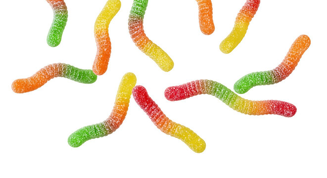A colorful assortment of gummy worms on transparent background