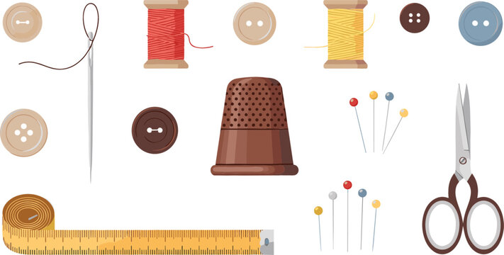 Sewing tools and tailoring supplies collection with needle thread buttons thimble scissors measuring tape and pins craft flat vector illustration set