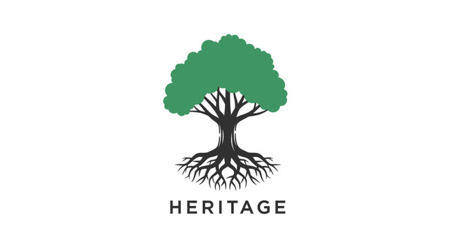 Tree with Roots and Heritage Text Logo.