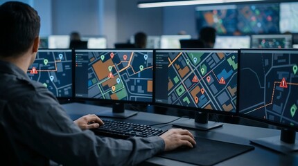 Fototapeta premium Professional programmer analyzing financial data on multiple monitors in modern dark office with futuristic charts and graphs