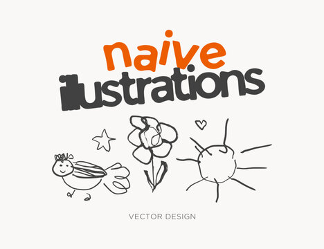 Naive Characters Hand Drawn Doodle Childish Illustrations Modern Scribble Style for Logo Design Isolated Vector Set of Fantasy Bird with Sun and Flower
